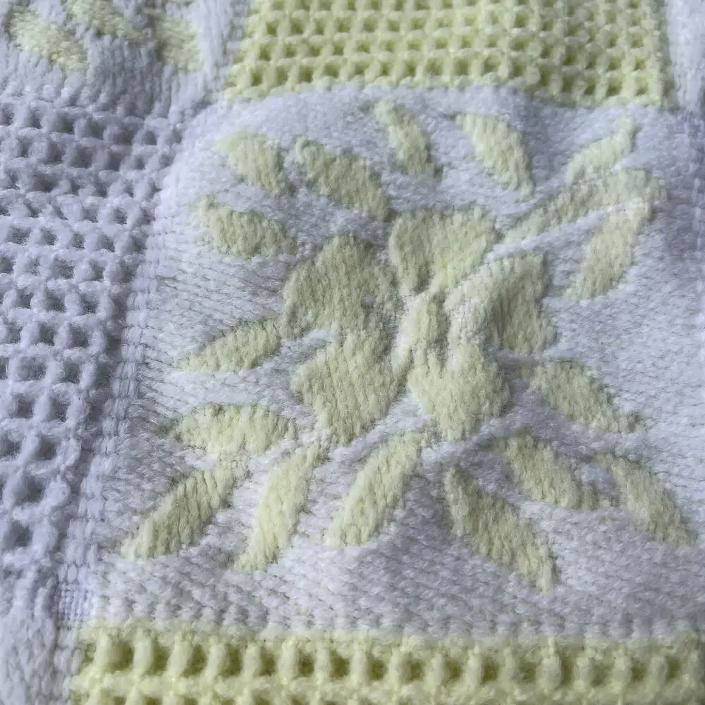 Vintage Waffle Baby Blanket with Fringe Floral Yellow White Square Spain 1980s